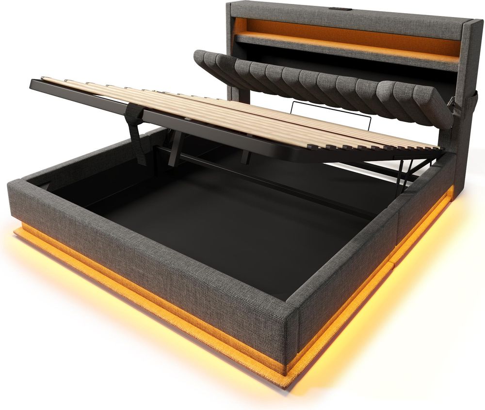 Flieks Polsterbett 140x190cm mit Ladefunktion (USB & Type-C), Doppelbett Jugendbett mit Led, Stauraumbett Boxspringbett mit Stauraum, Leinen, Grau