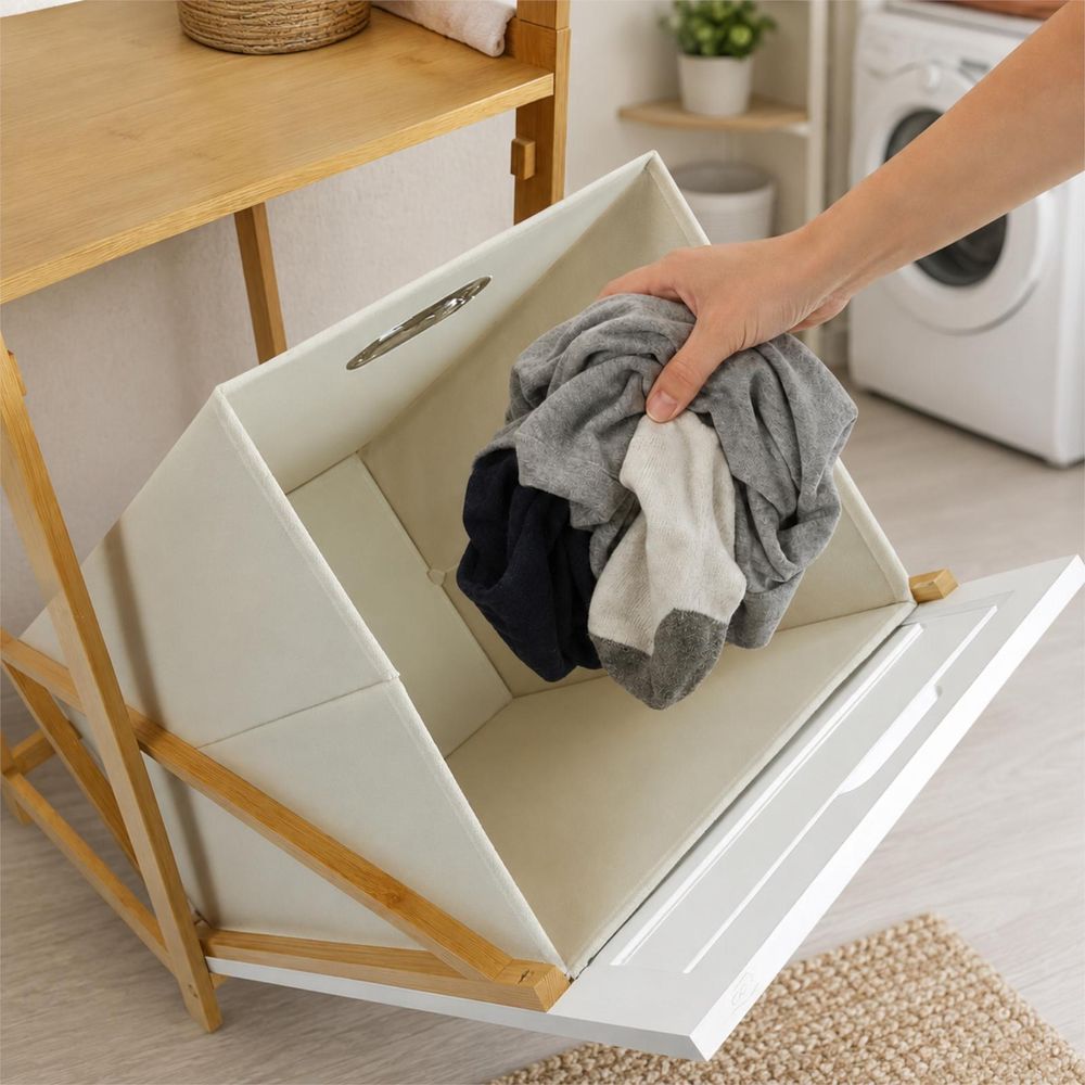 BEGRYF Bambus Wäscheschrank mit Wäschebehälter & Regal – 130 cm hoher Badezimmer‑Organizer mit 2 Regalböden & Stoff‑Wäschekorb