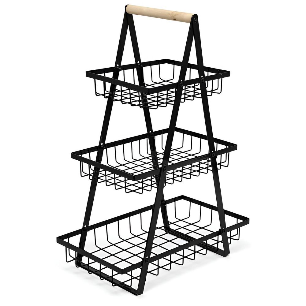 WELLHAUS 3-Etagen Obst Etagere aus Kohlenstoffstahl – Abnehmbarer Obstkorb für Obst, Gemüse & Snacks, Schwarz