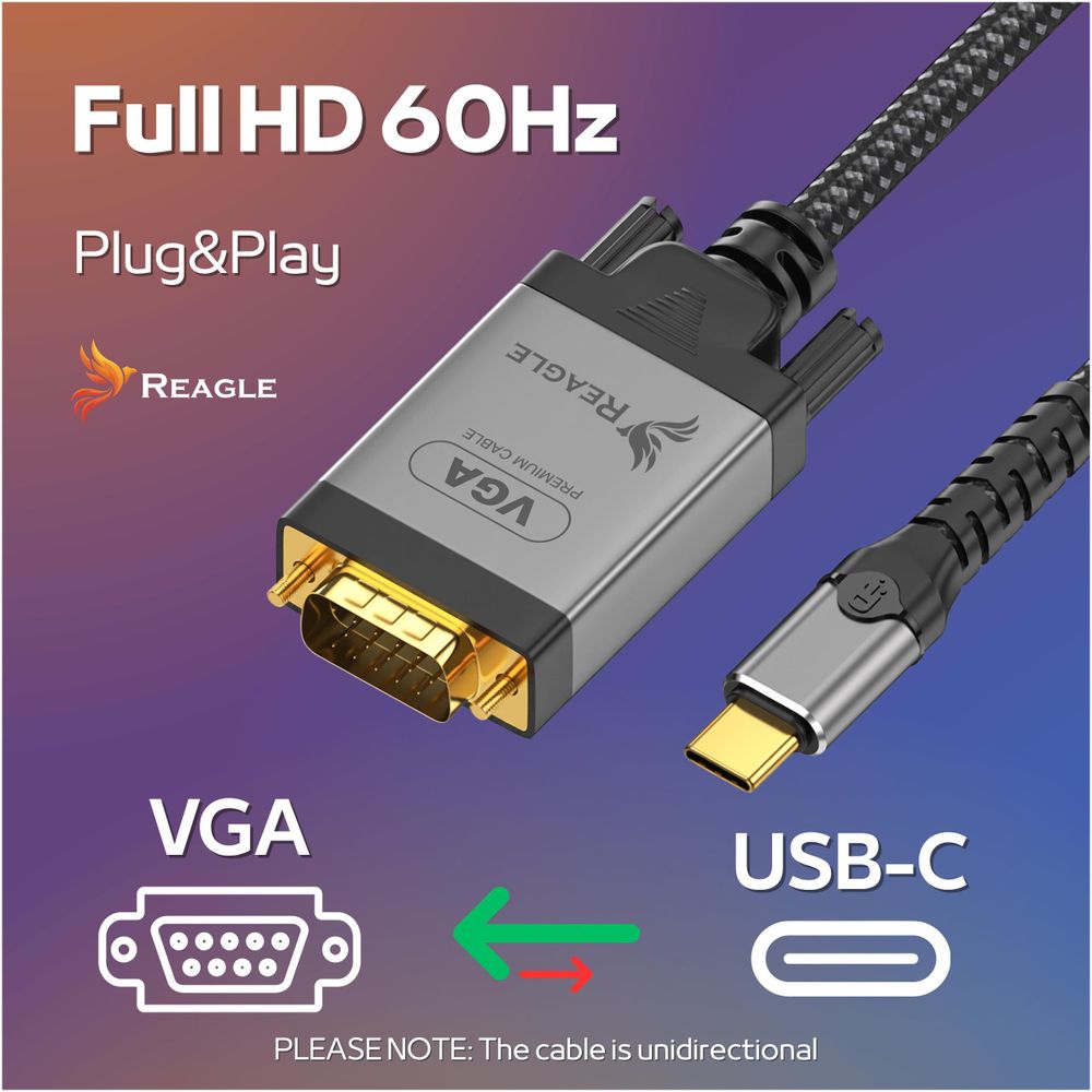 USB C zu VGA Kabel 1.8m Adapter Full HD 1080p 60Hz für Laptop PC MacBook Tablet auf Monitor Projektor Beamer Aluminium Gehäuse Reagle Schwarz