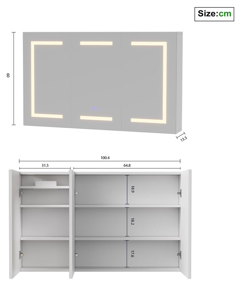 INONEFT Spiegelschrank Bad mit Beleuchtung, 100x60 cm Badezimmerschrank, 3 Türen, Anti-Beschlag, Steckdose, 3 Farbtemperaturen, Touch-Sensor, Modell A