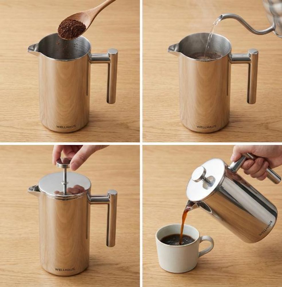 WELLHAUS Kaffeebereite French Press 1 Liter - Edelstahl Thermo Kaffeekanne mit Filter, Kaffeezubereiter Frenchpress für 8 Tassen