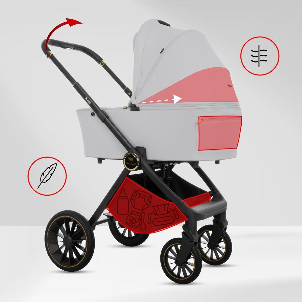 BabyLux® Kinderwagen 3in1 Set ROSSO, Beige Faltbar Leicht Kombikinderwagen Set incl. Babywanne, Buggy Sportsitz, Babyschale i-Size, Wickeltasche