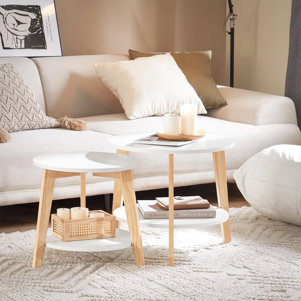 SoBuy Couchtisch 2er-Set – Platzsparende Runde Beistelltische, Wohnzimmertisch klein & groß, Weiß, FBT75-W