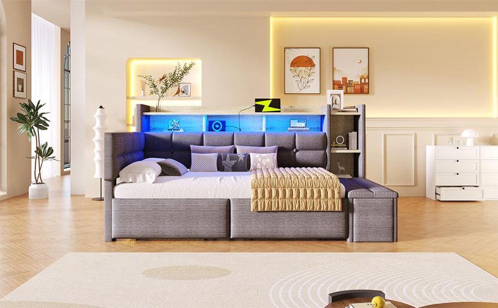 Merax Tagesbett Daybett 90x190cm, Schlafsofa mit 2 Schubladen, USB, Typ-C, LED, Regal, Stauraumbank, Polsterbett, Kinderbett, Samt, Dunkelgrau