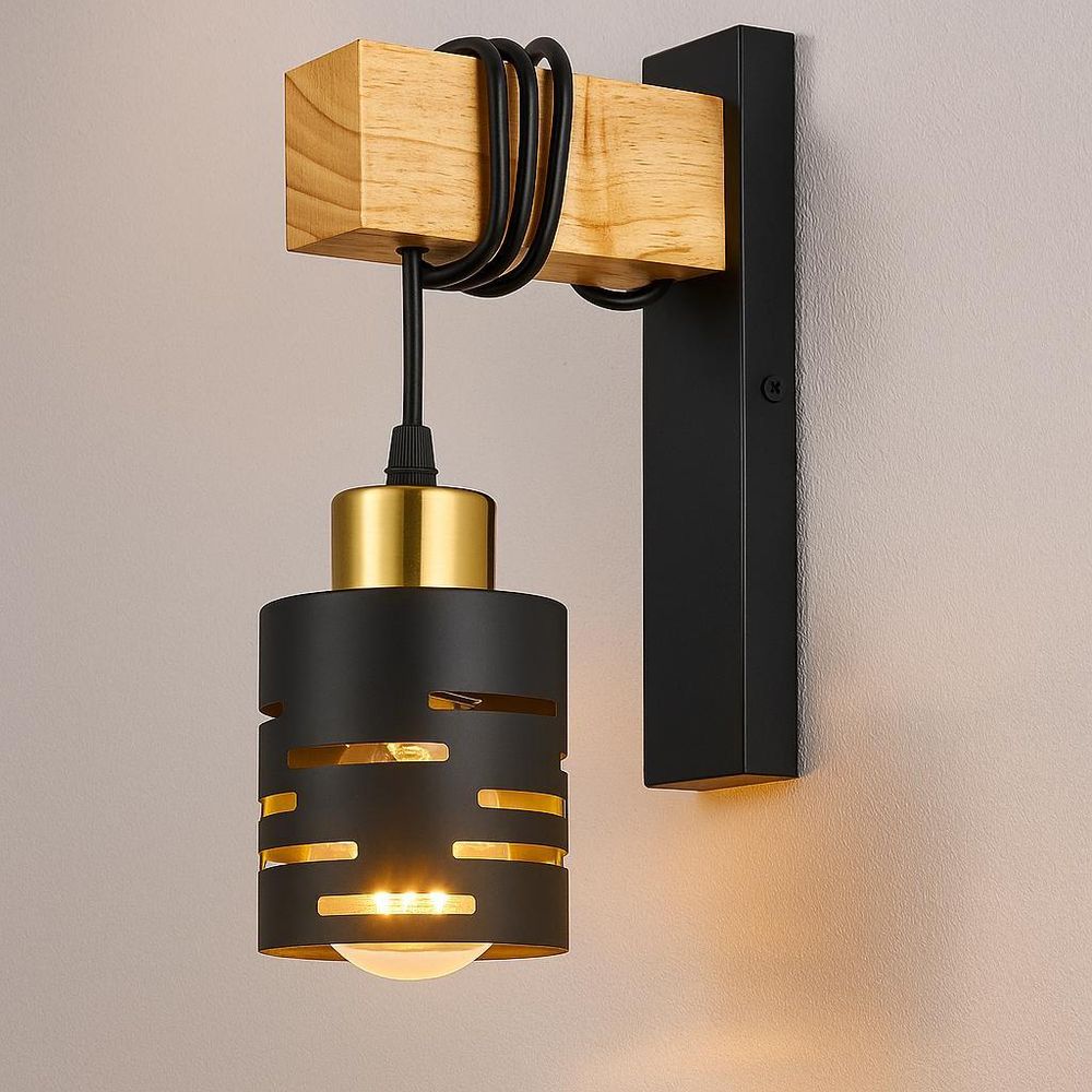 MasterLED Wandlampe E27 - Schwarz mit Gold und Holz - Moderne Innenleuchte aus Stahl - Stilvoll und gemütlich