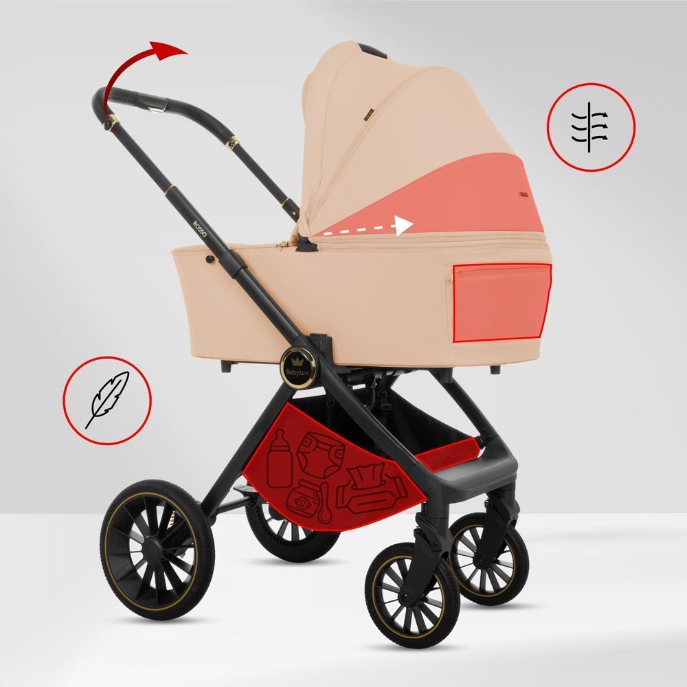 BabyLux® Kombinovaný Kočík 3v1 ROSSO, béžová, Skladací, Lahký, Vrátane Vaničky, Sedadla, Autosedačka, Prebaľovacej Tašky a Dalšieho Príslušenstva
