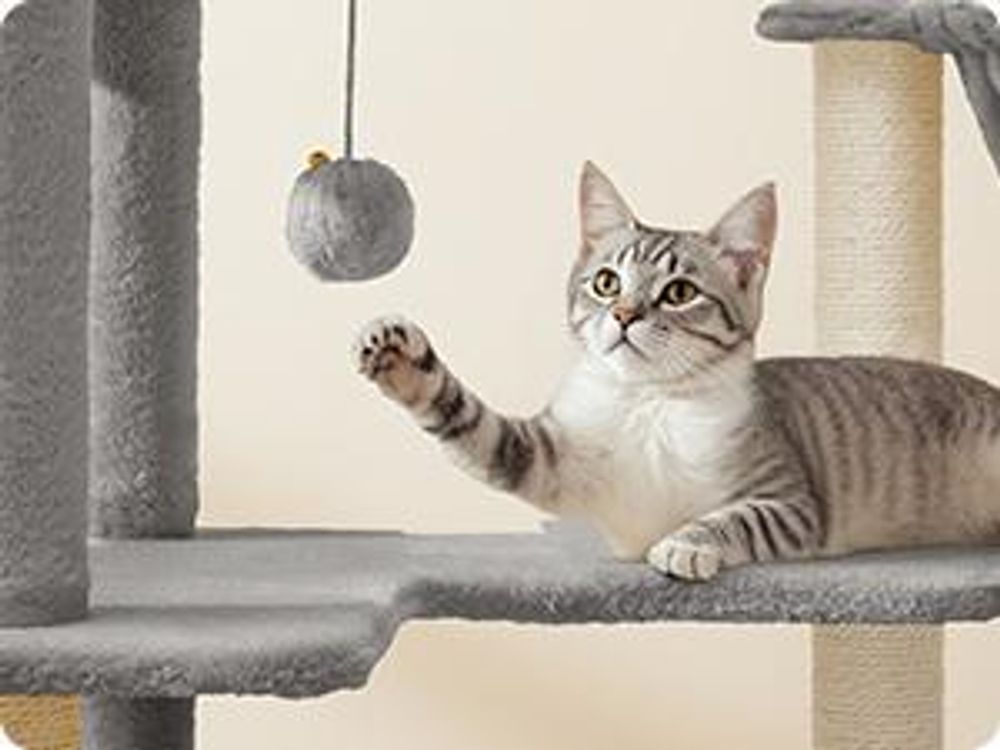 FEANDREA Kratzbaum für Raumecke, Katzenbaum, mit großer Kuschelhöhle, großen Plattformen, mehr Stabilität Taubengrau
