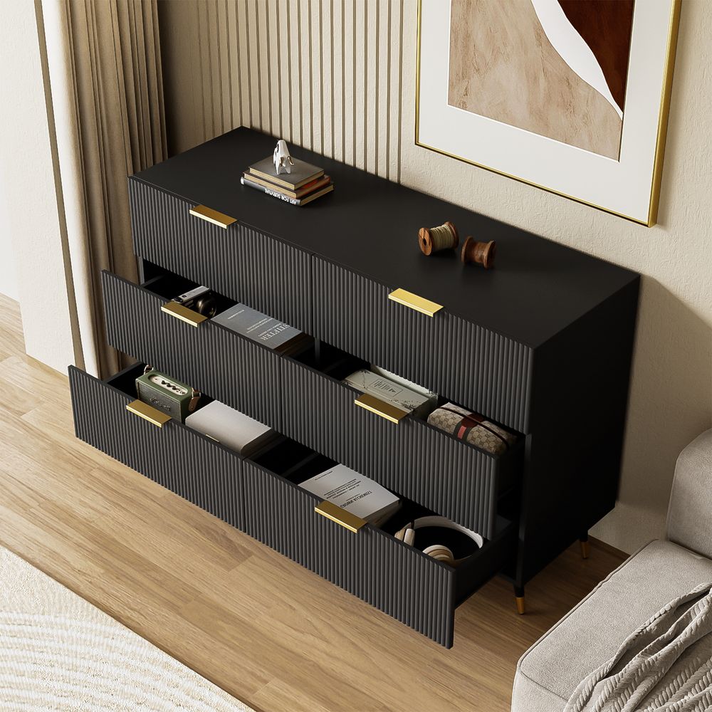 Flieks Kommode mit 6 Schubladen, Elegantes Sideboard mit viel Stauraum, Aufbewahrungsschrank Wohnzimmer Flur, 120x40x77cm, Schwarz