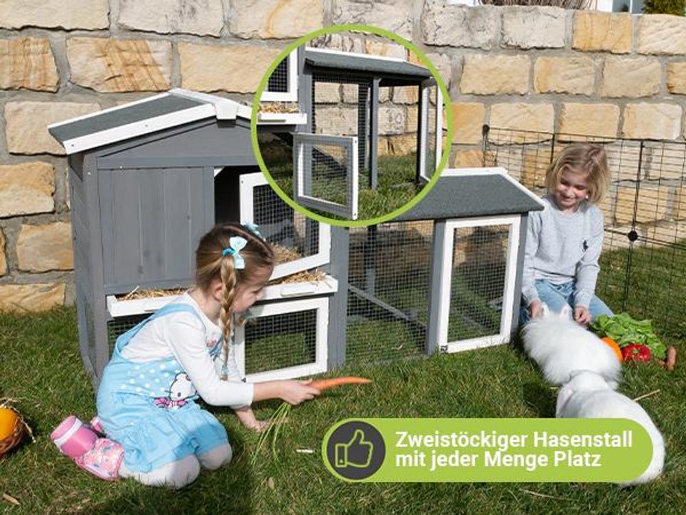 MyAnimal Hasenstall MH-03 | Hasenkäfig Zweistöckig - Freilaufgehege - Kaninchen Stall - 4 Türen - Kleintierstall - Wetterfest - Wasserabweisendes Dach