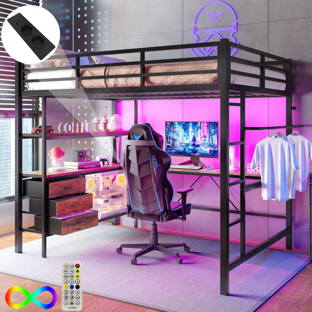 okwish  Hochbett 140x200cm Jugendbett Kinderbett  Metallbett mit Ambientelicht,Schreibtisch, Steckdose + USB, 3 Schubladen,ohne Matratze,Schwarz