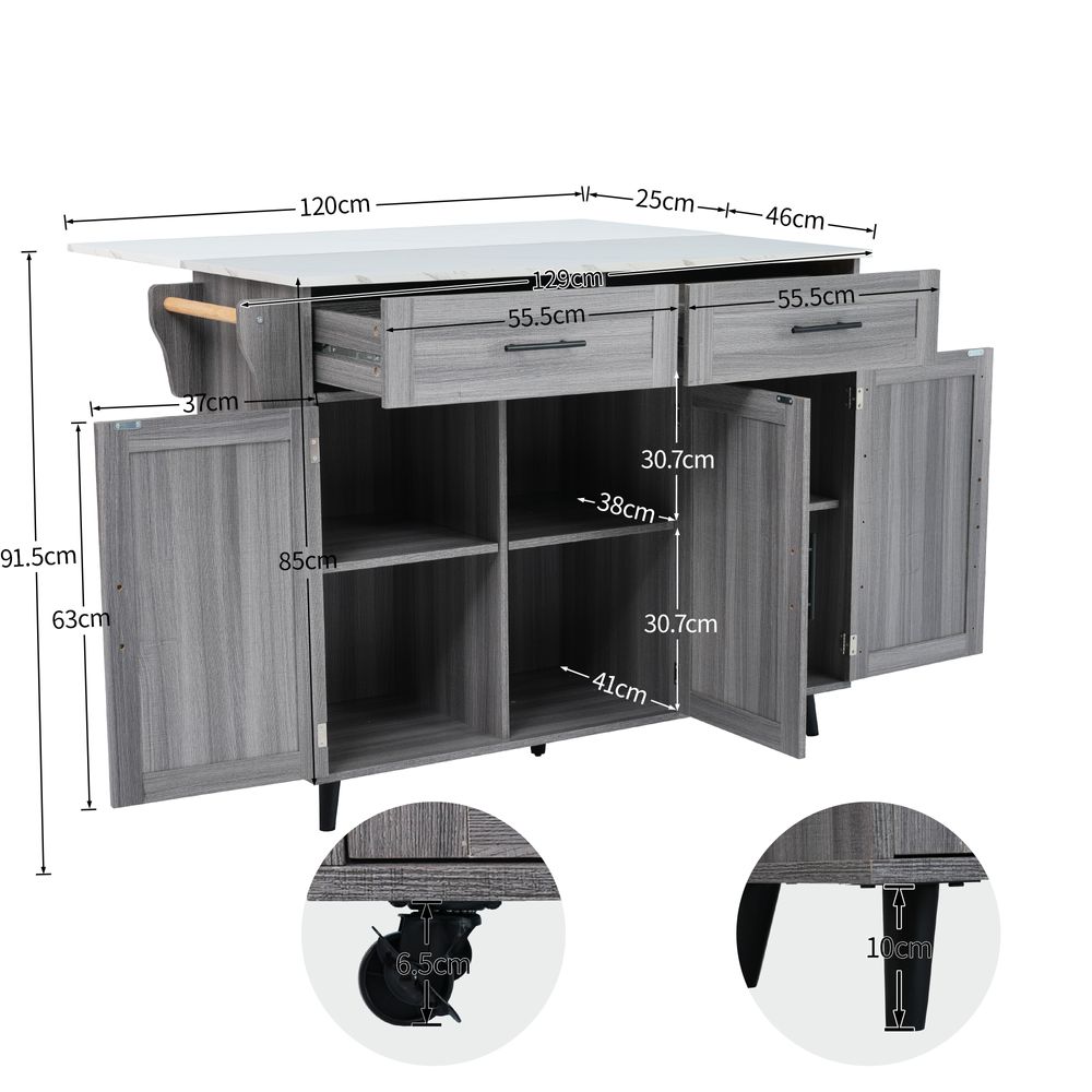 Flieks Servierwagen Kücheninselwagen mit Erweiterbarer Arbeitsplatte, Küchentrolley Speisewagen mit Schubladen, Kücheninsel 129x46-71x91.5cm, Grau