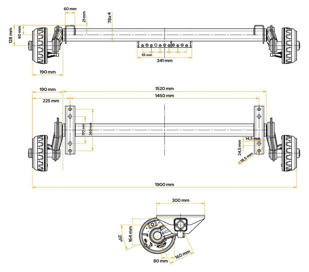 KNOTT gebremste Achse 1350 kg, 1450 mm Lochabstand für Bootsanhänger