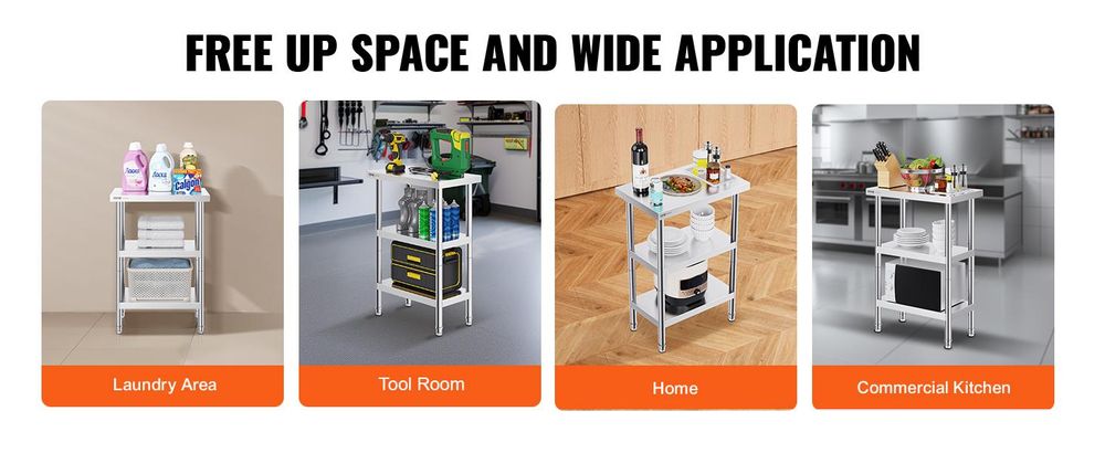 VEVOR Edelstahl Vorbereitungs Tisch, 24 x 24 x 34 Zoll, Schwerlast Metall Arbeitstisch mit 3 verstellbaren Höhenstufen, Gewerbliche Arbeitsstation für Küche Garage Restaurant Garten, 356x610x864 mm