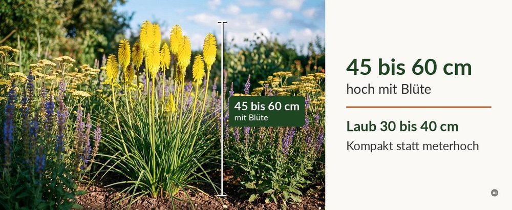 Kniphofia 'Lemon Popsicle' mit Maßbalken: 45 bis 60 cm mit Blüte