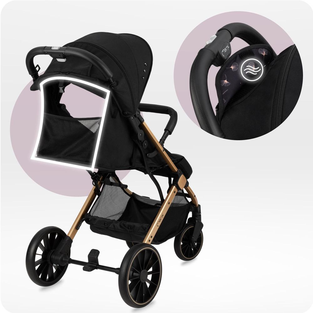 MoMi ESTELLE DAKAR – Ultraleichter Baby Kompaktbuggy mit XL-Rädern, Einhand-Faltung & Trolley-Funktion, inkl. Zubehör, ideal für Reisen – Schwarz/Gold