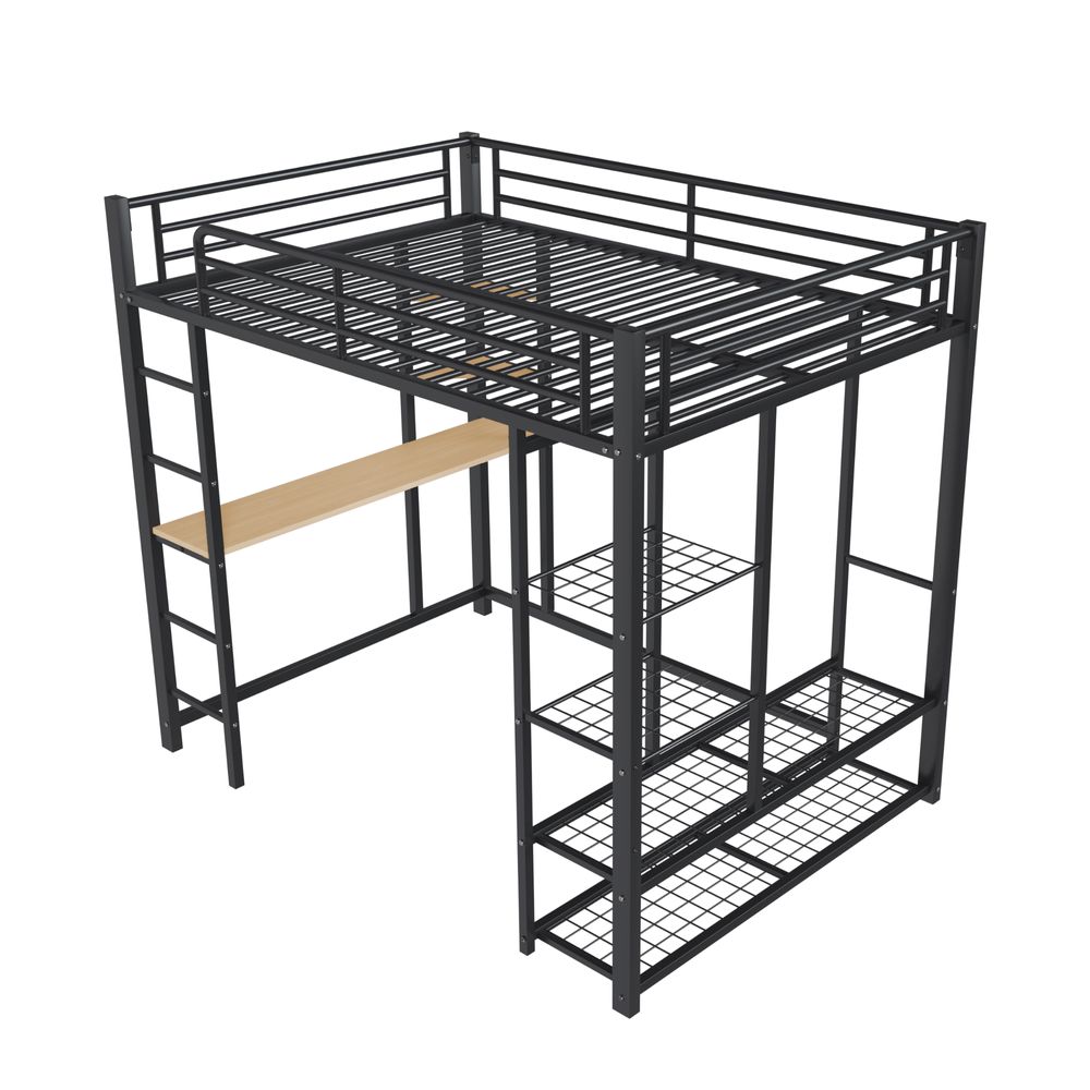 okwish Hochbett Etagenbett 140x200 cm mit Rausfallschutz, Metallbett Kinderbett mit Schreibtisch und Regal, Eisenbett Jugendbett mit Leiter, Schwarz
