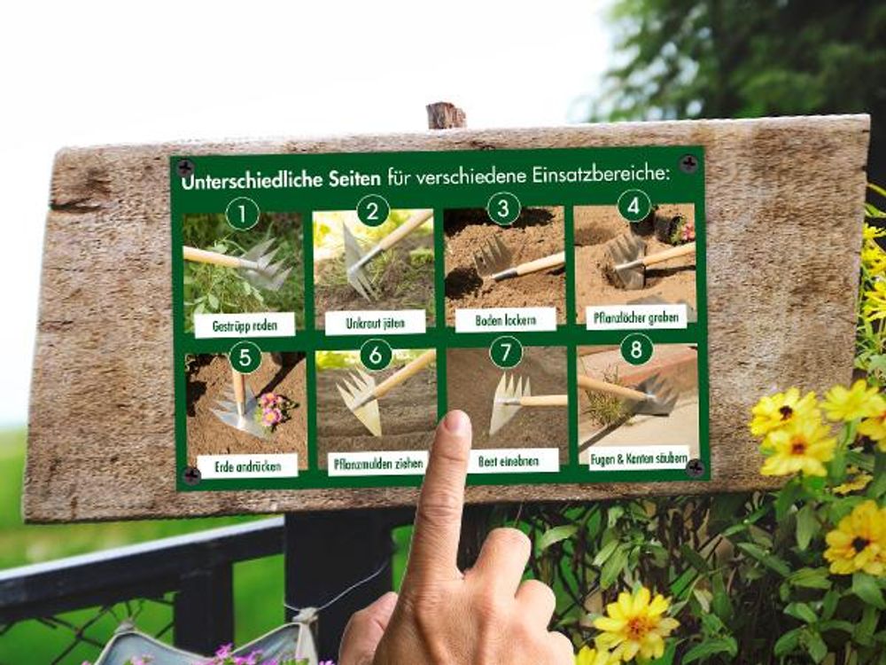 RUWI MULTIHARKE 8in1 | Garten Harke - ohne Stiel - Rückenschonend - Gemüse & Blumen Beet - Unkraut jäten - Boden lockern - Pflanzlöcher graben