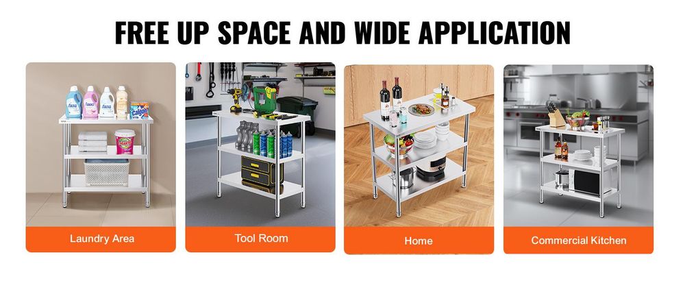 VEVOR Edelstahl Vorbereitungs Tisch, 24 x 24 x 34 Zoll, Schwerlast Metall Arbeitstisch mit 3 verstellbaren Höhenstufen, Gewerbliche Arbeitsstation für Küche Garage Restaurant Garten, 457x914x864 mm