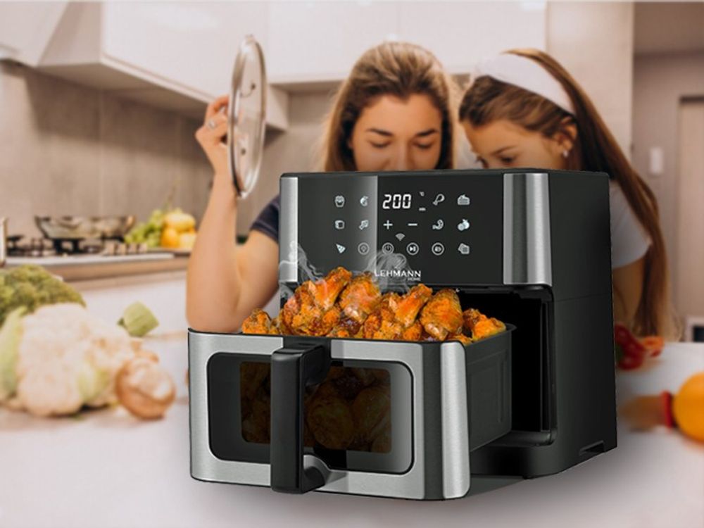 LEHMANN Heißluftfritteuse, Airfryer 1800 W, Kapazität 10L, 80°-200°, 12 Programmen, mit Sichtfenster - Backen und Frittieren Ohne Fett