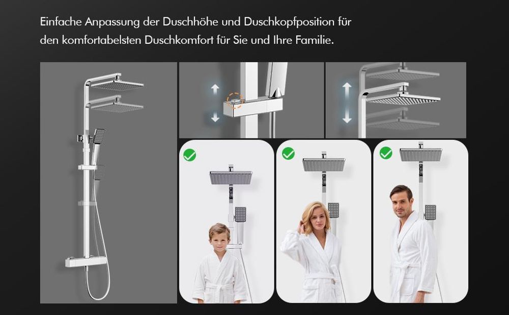 Homelody Duschsystem mit Thermostat,Regendusche Duschsäule Quadratische, Chrom-Duschset,Handbrause,Duschstange Dusche,Duscharmatur fur Duschkabine