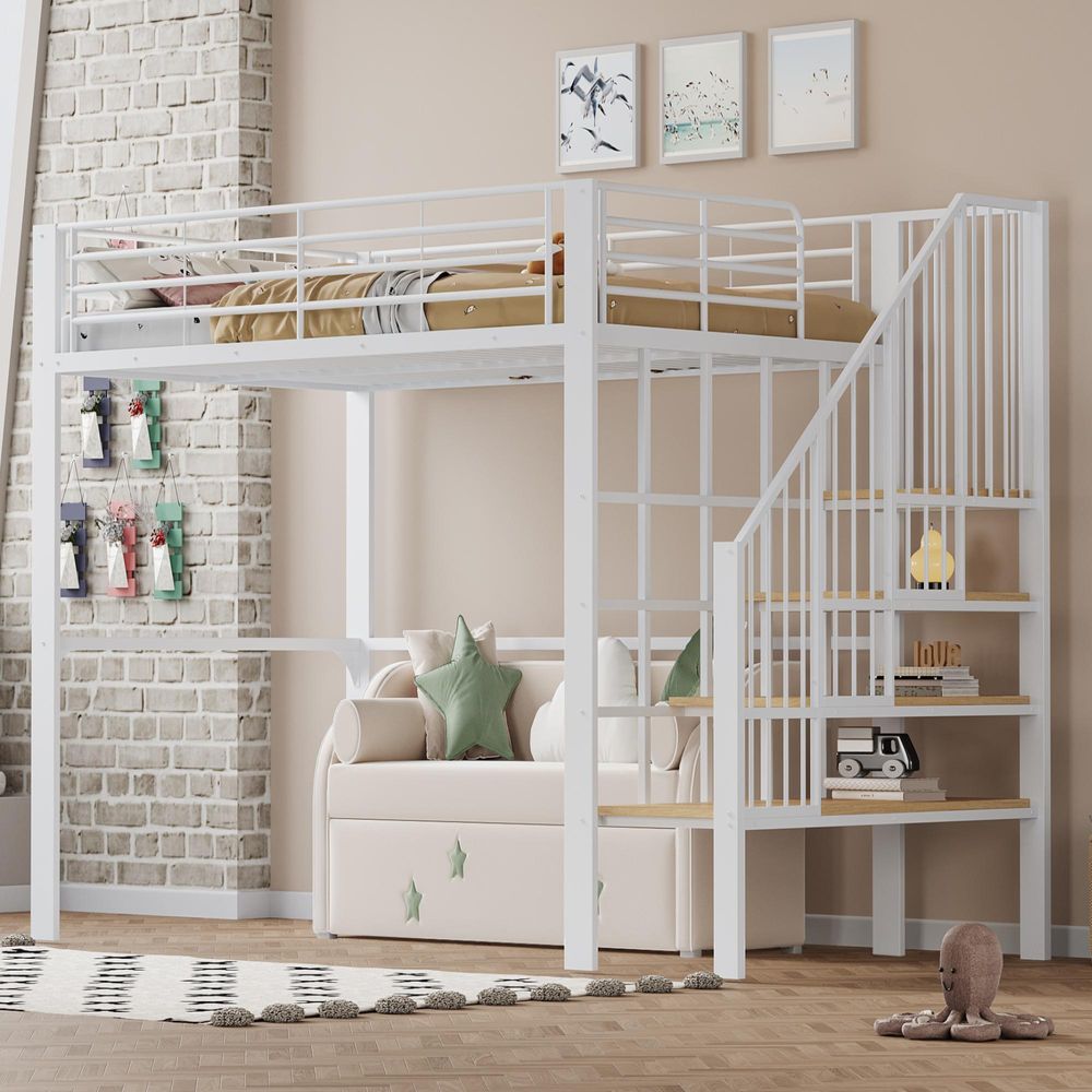 Flieks Hochbett 140x200cm mit Treppe, Etagenbett Kinderbett mit Rausfallschutz, Stockbett Metallbett mit Lattenrost, Doppelbett Kinder, Weiß