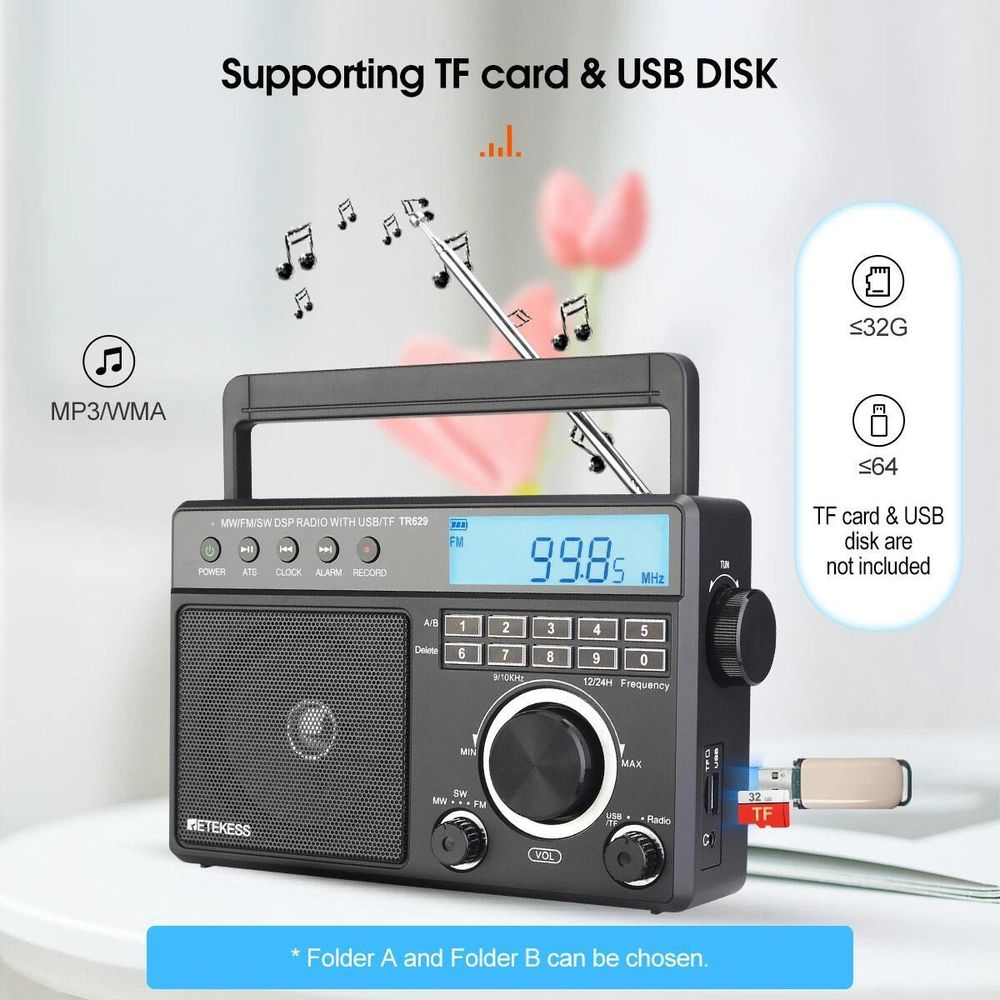 Retekess TR629 Tragbares Radio, AM FM SW Weltempfänger Notfallradiomit DSP, Unterstützt U Disk/SD-Karte, Uhr, Wecker, Radio Batteriebetrieben, Geschenke für ältere Menschen