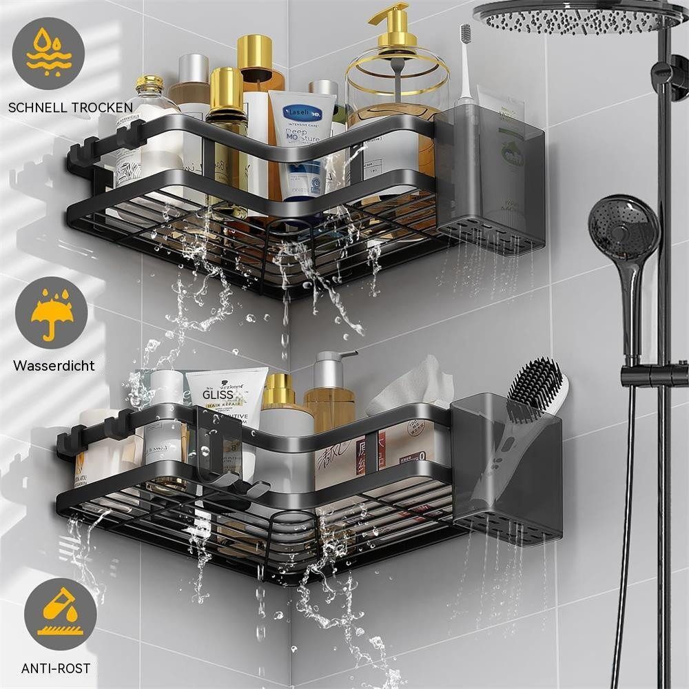 2 Stück Duschablage Ohne Bohren Schwarz Eckregal, Duschregal Schwarz Ecke Badezimmer Organizer mit 4 Haken, Shower Shelf Dusche Zubehör