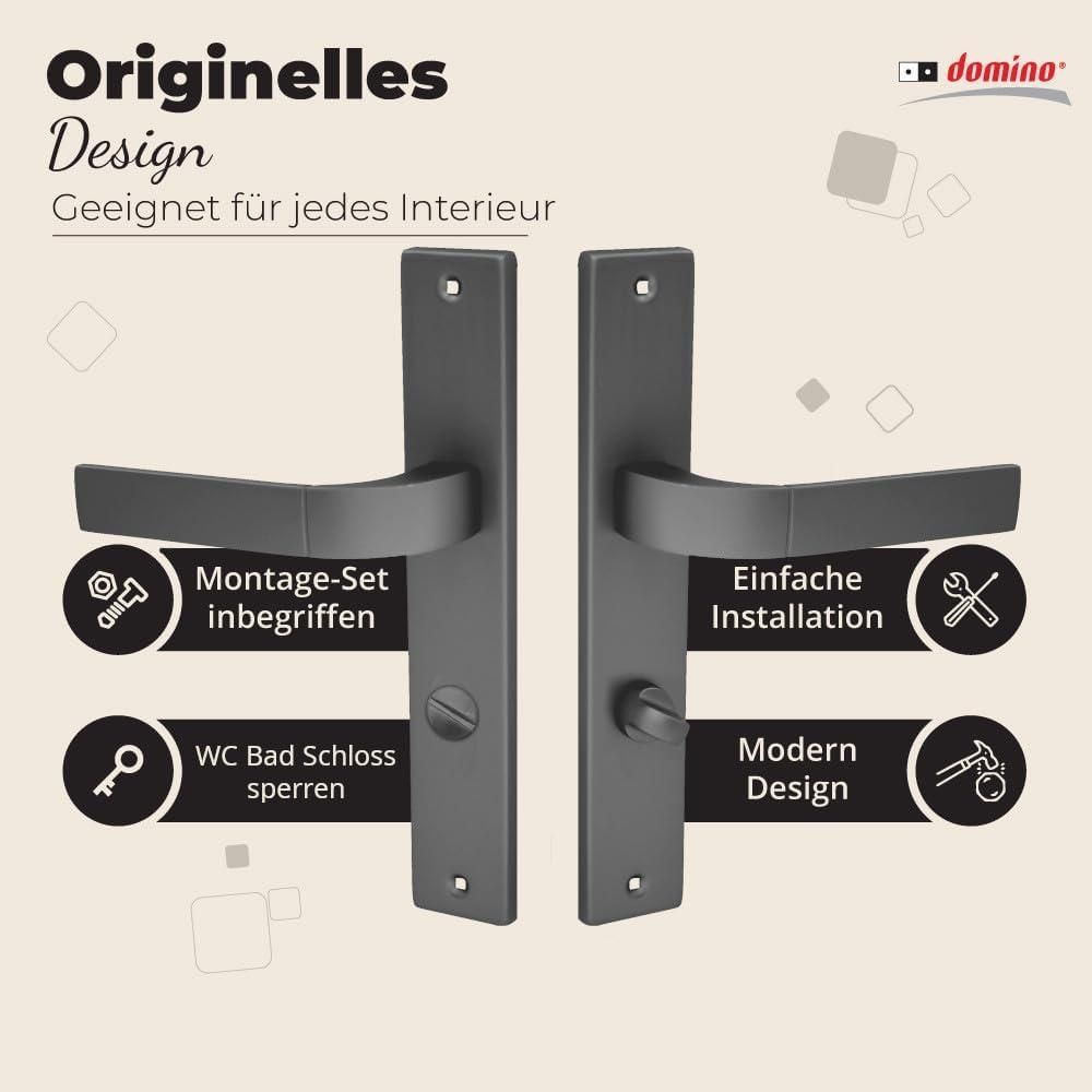 DOMINO Türgriff 78 Drückergarnitur WC - Badezimmer Set | Links & Rechts Türbeschlag für WC/Badezimmertüren | L-Form | Türbeschläge aus Aluminium | Titan Türdrückergarnitur   FOKUS M8
