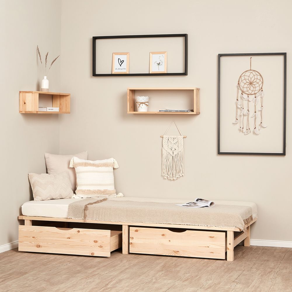 Homestyle4u Holzbett Palettenbett 90x200 mit mit Lattenrost 2 Bettkästen Natur Futonbett Palettenmöbel Bett Massivholzbett