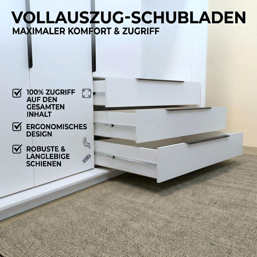 Geräumiger vier-türiger Kleiderschrank VIVO mit Schubladen und Metallgriffen – modernes Design