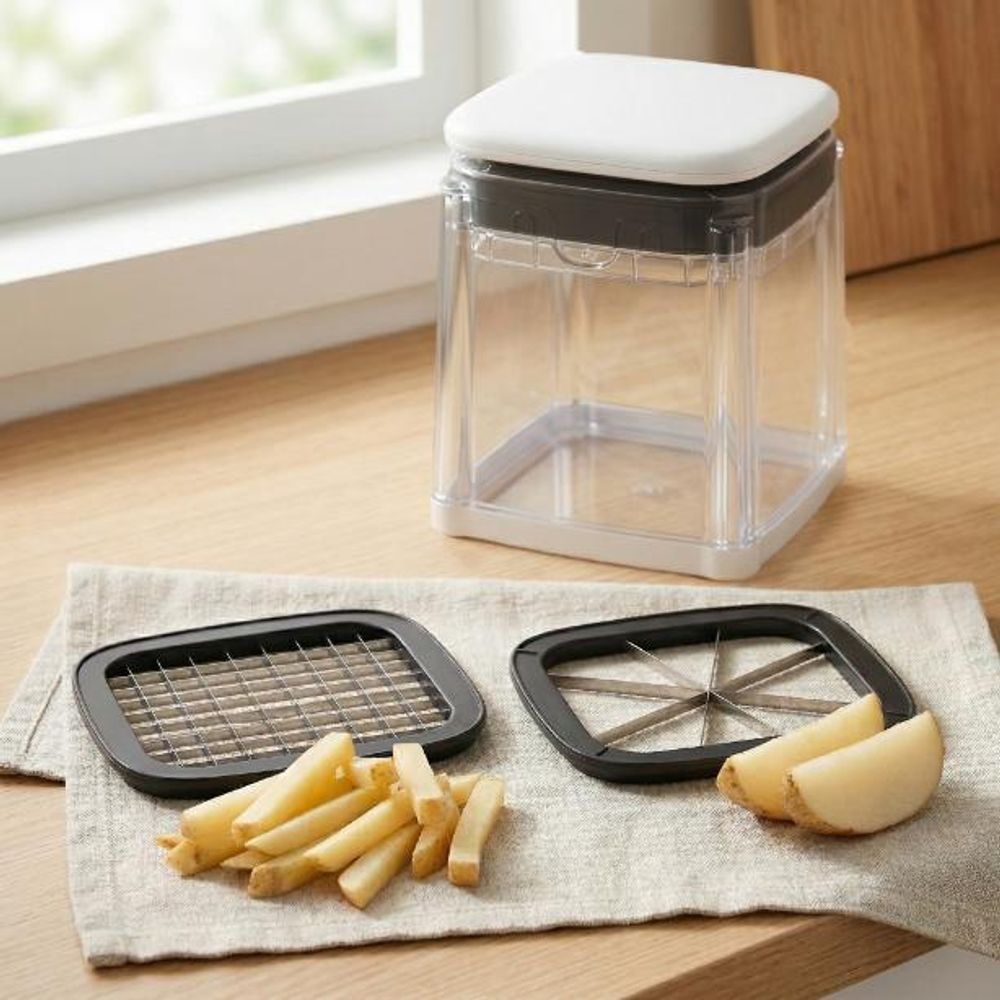 WELLHAUS Kartoffelschneider mit Behälter für Pommes frites und Boot-Kartoffeln – Set