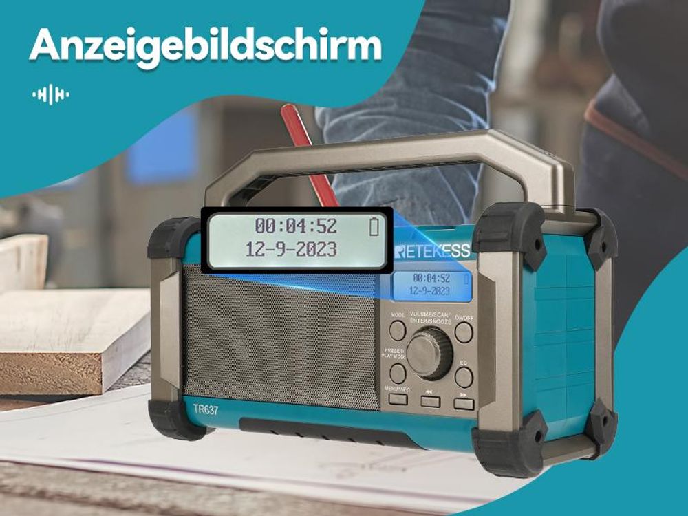 Retekess TR637 Baustellenradio mit Bluetooth, FM AM mit 5000 mAh leistungsstarkem Akku, IP54 staubdicht und wasserdicht mit USB-Ladegerät Tragegriff