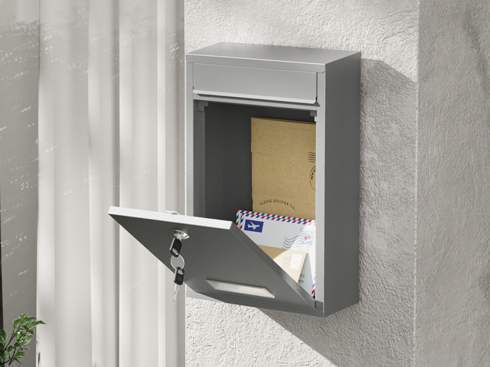Wiltec Briefkasten silberfarben V11 Postkasten mit Namensschild, großem Briefschlitz und 2 Schlüsseln Wandbriefkasten aus pulverbeschichtetem Stahl