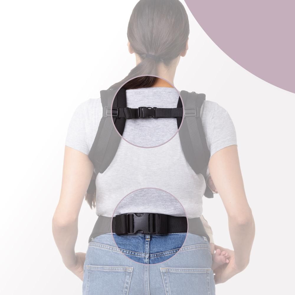 MoMi COLLET – Ergonomische Babytrage für vorne & hinten, verstellbar, bis 15 kg, physiologisch & rückenschonend, mit Kapuze & Tasche – Schwarz