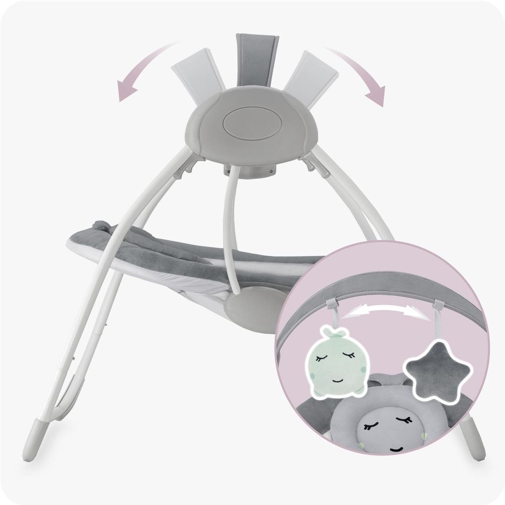 MoMi LISS – Elektrische Babywippe klappbar mit Timer, 5 Geschwindigkeiten, 6 Melodien & verstellbarem Spielbogen - Grau
