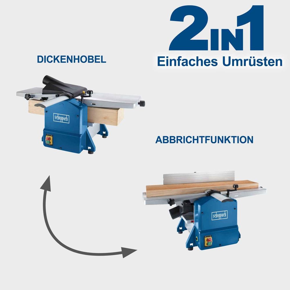 Das Bild zeigt das einfache Umrüsten der Maschine vom Dickenhobel zu der Abrichtfunktion.