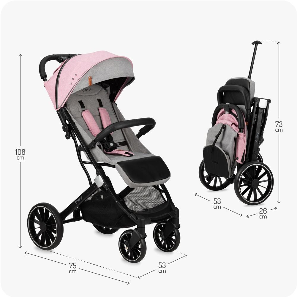 MoMi ESTELLE DAKAR – Ultraleichter Baby Kompaktbuggy mit XL-Rädern, Einhand-Faltung & Trolley-Funktion, inkl. Zubehör, ideal für Reisen – Grau/Rosa