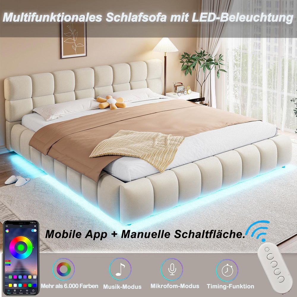 STILVORA Polsterbett 180x200 cm mit hydraulischem Stauraum & LED-Lichtleiste, Doppelbett mit Kopfteil & Seitenteilen, Stauraumbett für Schlafzimmer, Samtstoff, Beige