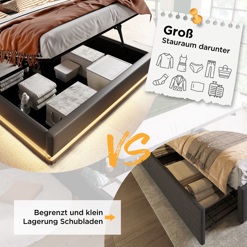 Flieks Polsterbett 180x200cm mit USB & Typ-C, Doppelbett Jugendbett mit LED, Hydraulisches Stauraumbett Boxspringbett mit Lattenrost, PU, Schwarz