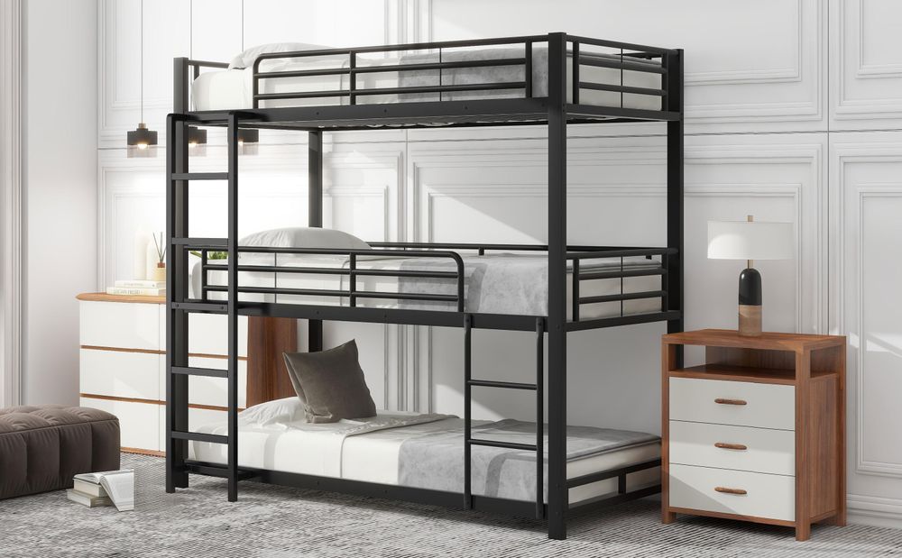 Merax Etagenbett 90x200cm mit Rausfallschutz und Lattenrost, Metallbett Dreierbett Kinderbett Einzelbett Hochbett mit Leiter und Metallrahmen, Schwarz