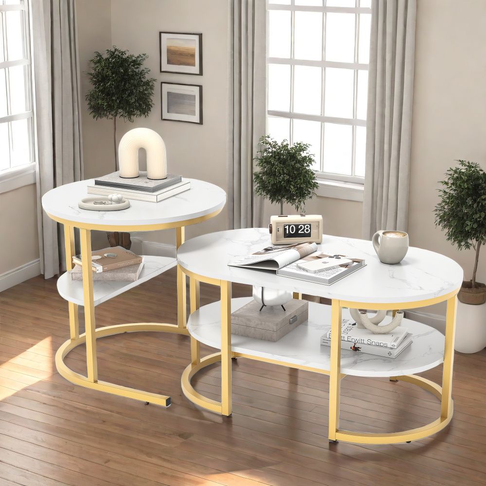 ProximaX 2er Set Kaffeetisch, Kombinierbarer Couchtisch mit Kunstmarmorplatte und zusätzlicher Ablagefläche, kleiner runder Beistelltisch und elliptischer Sofatisch für Wohnzimmer