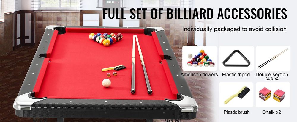 VEVOR Billardtisch, 192 cm Pooltisch, tragbarer faltbarer platzsparender Tisch, Billardtisch-Set beinhaltet Kugeln, Queues, Kreide und Bürste, schwarz mit rotem Tuch, perfekt für das Familien-Spielzimmer für Kinder und Erwachsene, 190 cm, Rot