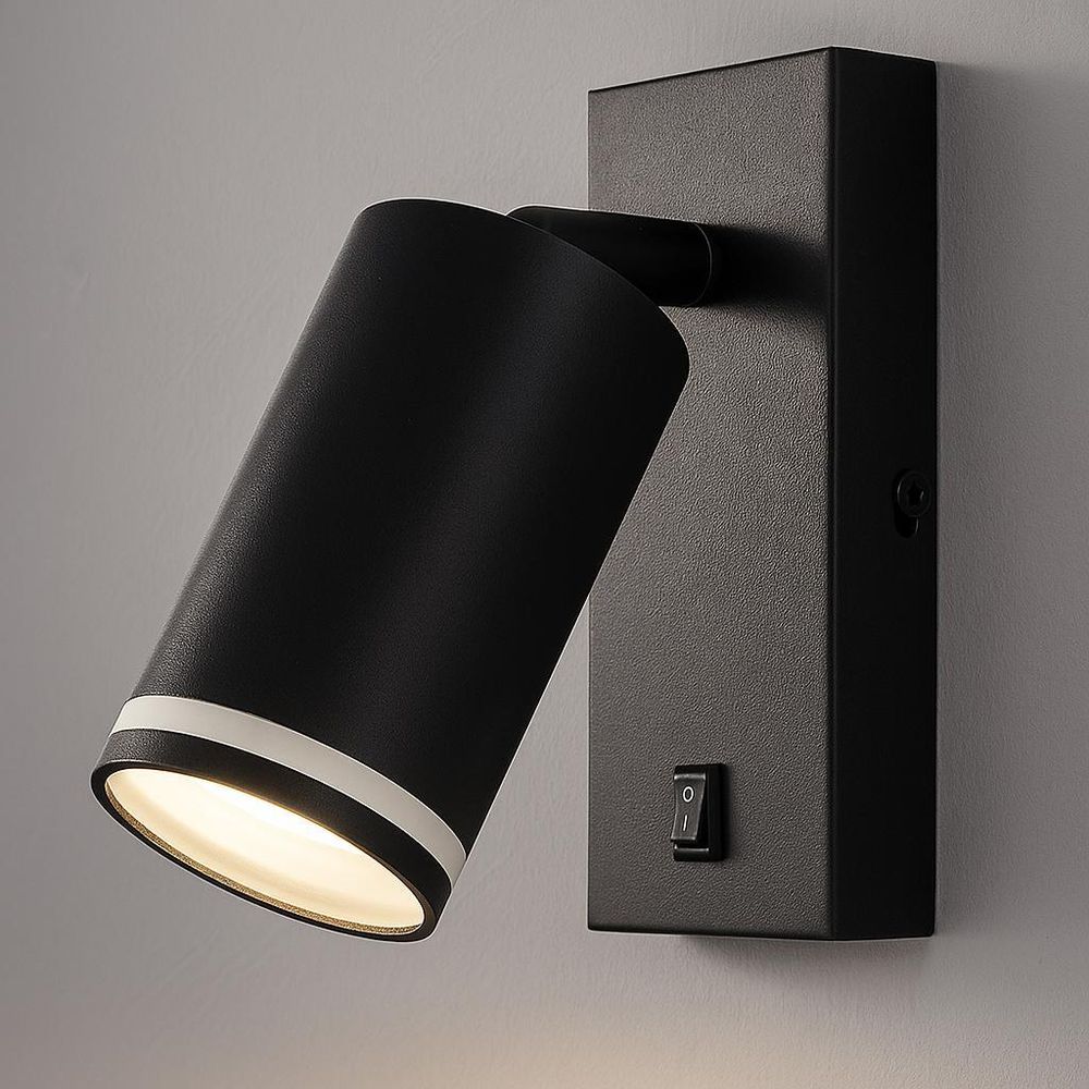 Schwarze LED-Wandleuchte mit Schalter und weißem Zierstreifen, schwenkbarer zylindrischer Spot.