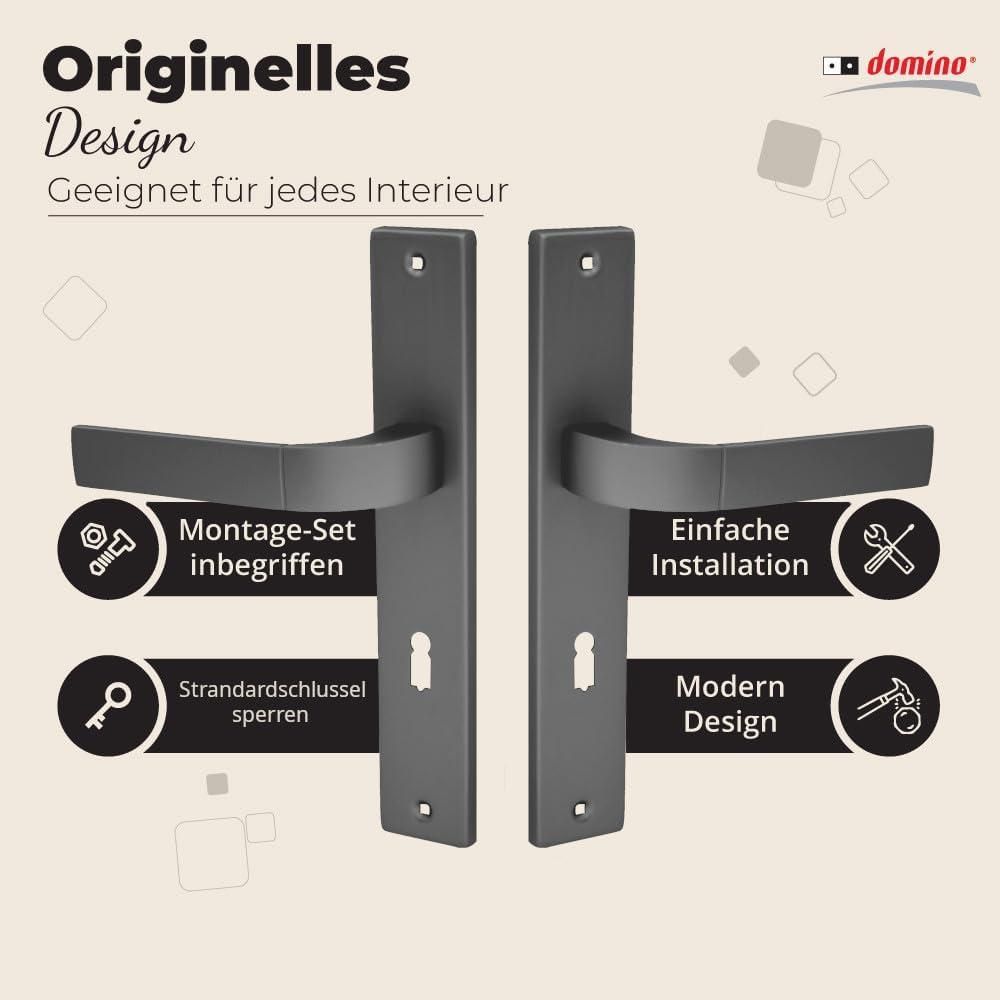 DOMINO Türgriff 72 Drückergarnitur BB-Buntbart Set | Langschildgarnitur | Türklinke für Zimmertür, Bürotür, Kellertür & Innentür | L-Form | Türbeschläge aus Aluminiuml | Titan Türdrückergarnitur |  FOKUS M8