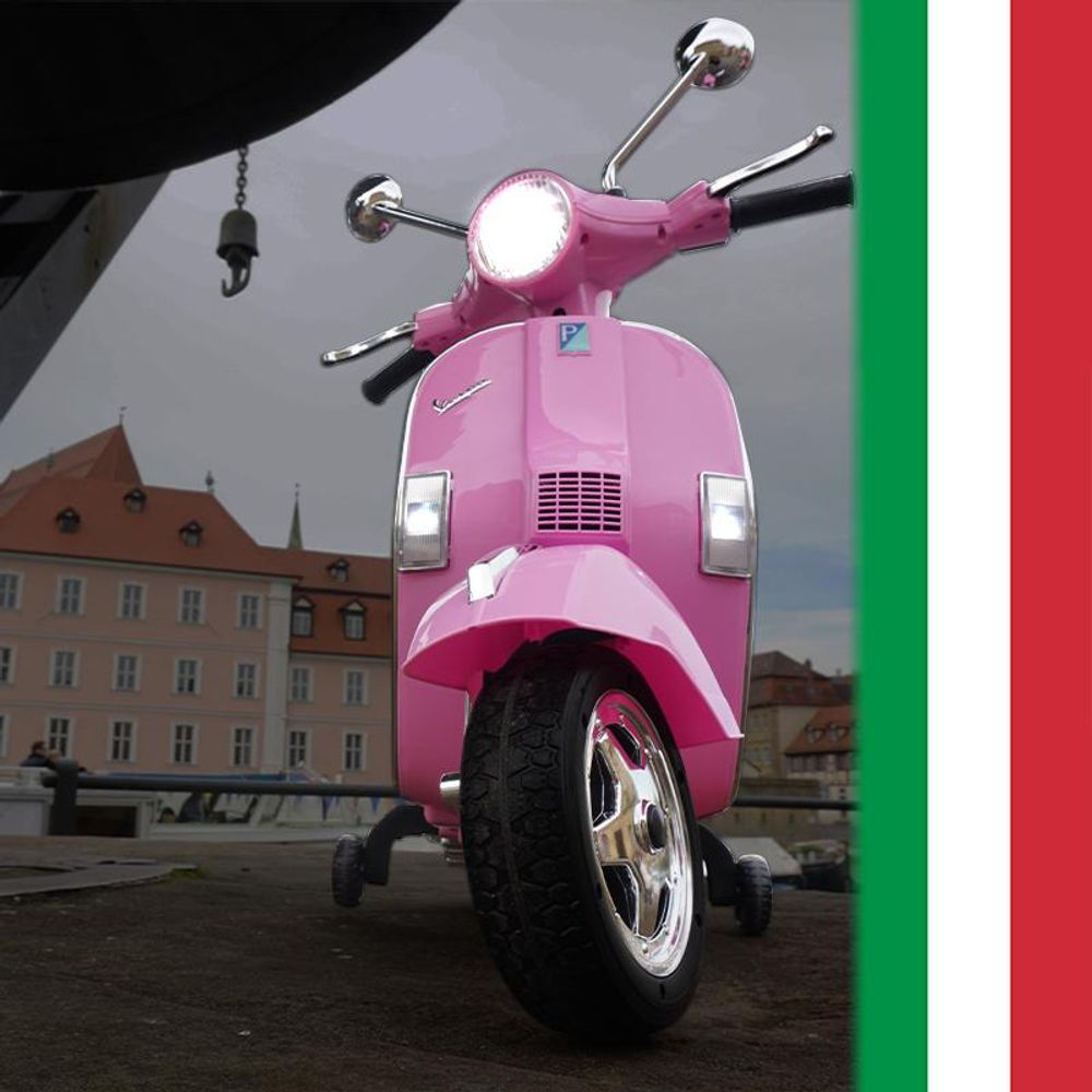 Kinder Elektro Roller Vespa | Mit Stützrädern - Scheinwerfer - Koffer zum Öffnen - Kinder Fahrzeug elektrisch - Hupe & Musik - Ab 3 Jahre (Pink)