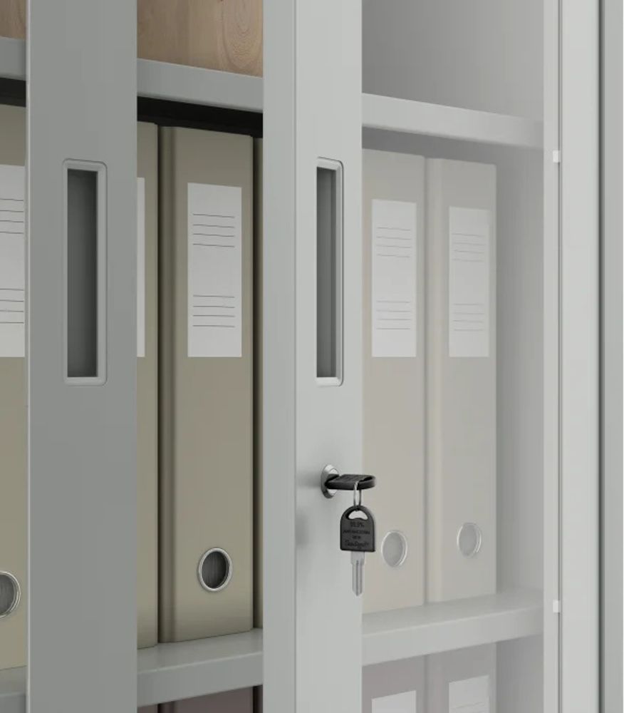 Aktenschrank Medizinschrank Büroschrank Flügeltürschrank Glasvitrine 4 Fachböden Stahl Abschließbar 185 cm x 90 cm x 40 cm Farbe: Grau
