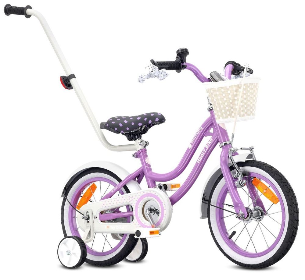 Kinderfahrrad mit Schiebestange, Korb und Stützrädern, seitliche Ansicht