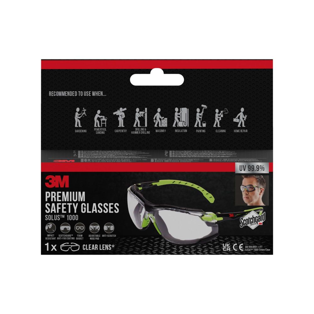 3M™ Solus™ Schutzbrille 1000 - Scotchgard™ Protector Antibeschlag-Beschichtung - Grün/Schwarz - Aufsteckbarer Schaumstoffdichtung Klarsichtscheibe