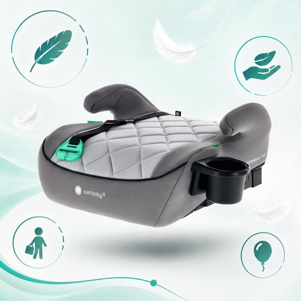 Podsedák, dětský podsedák, autosedačka, booster, dětská autosedačka, ISOFIX, 125–150 cm, držák na nápoje, LittleNestPro, šedá, Sun Baby